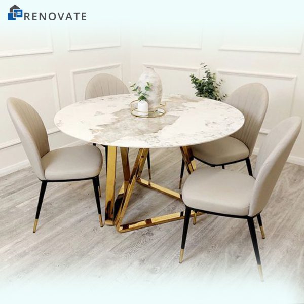 4 seater dinning table made in stainless steel pvd gold coated frame with marble top.
