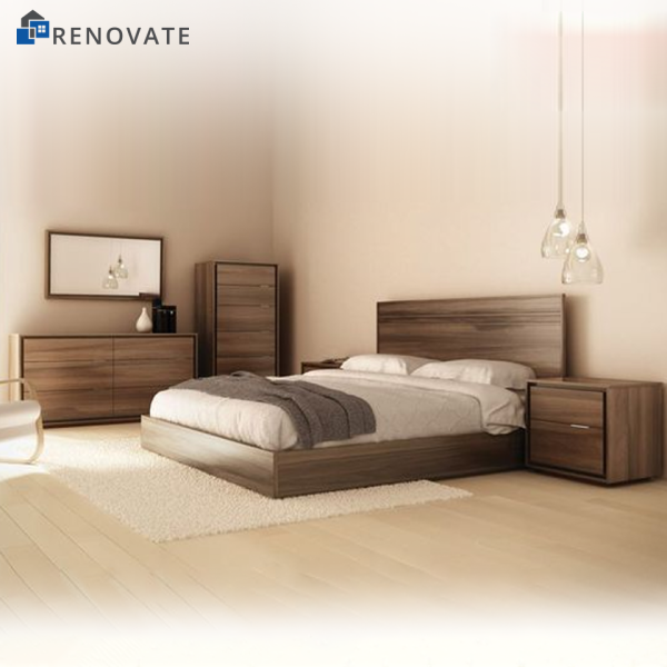 King sized bed with side tables, dressing table and chest of drawers made in patex board