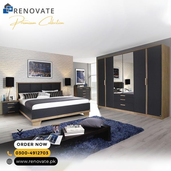 King sized bed with side tables, chester of drawers and 6 door cupboard made in patex board and cushioned back