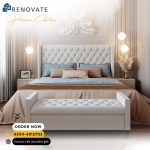King sized cushioned bed with side tables and cushioned bench made in patex board