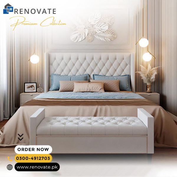 King sized cushioned bed with side tables and cushioned bench made in patex board