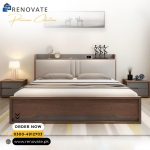 King sized bed with side tables and cushioned back made in patex board.
