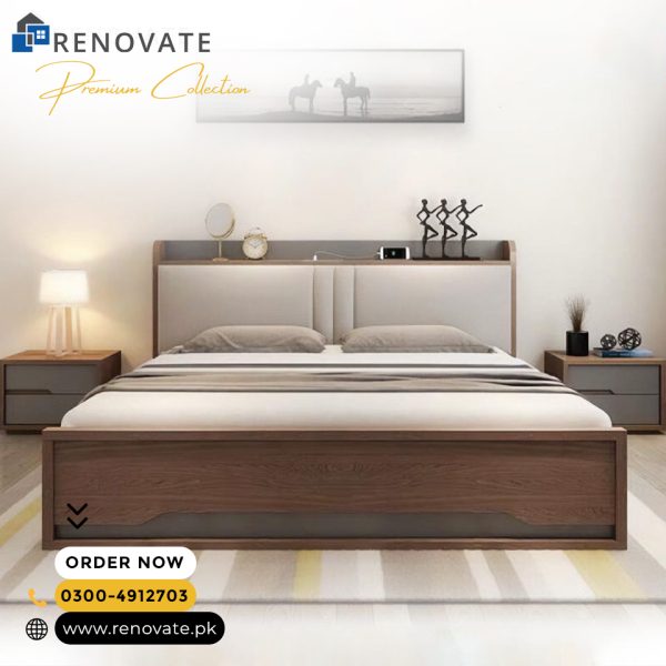 King sized bed with side tables and cushioned back made in patex board.
