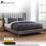 King sized cushioned bed and wooden legs. Made in wooden frame and patex board.