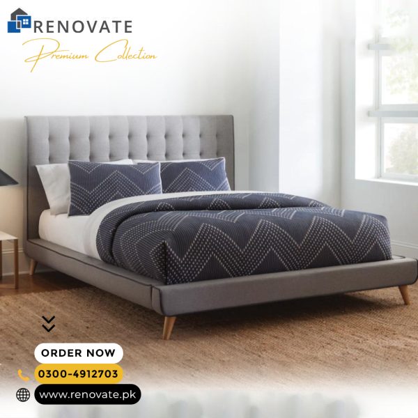 King sized cushioned bed and wooden legs. Made in wooden frame and patex board.