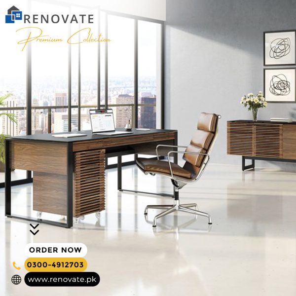 office table made in MDF + oak ply + wrought iron frame with black powder coating.