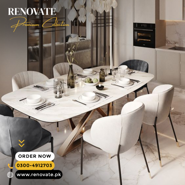6 seater dining table made in stainless steel electroplated and marble top